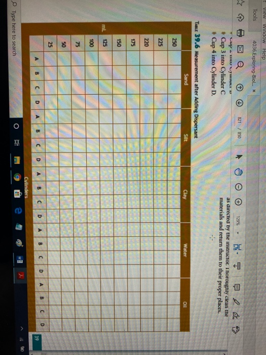 View Window Help Tools 4036.Exploring-Biol... X 821 / 850 Lupm CHILE Cup 3 into Cylinder C Cup 4 into Cylinder D. 129% as dir