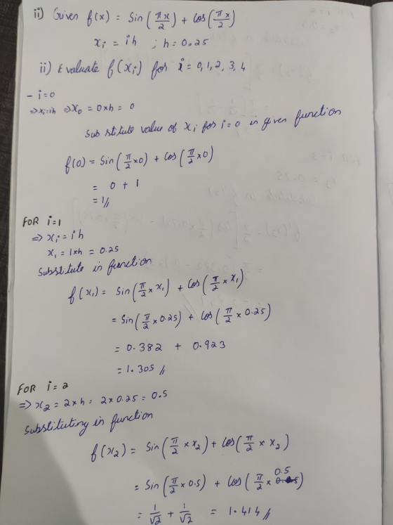 ii) Grives f(x) = sin (1x) + (os (12) ih jha -0.25 ii) e valuate 6 (303) for i = 0, 1, 2, 3, 4 - i=0 X;=1h = = 0xh = 0 feeret
