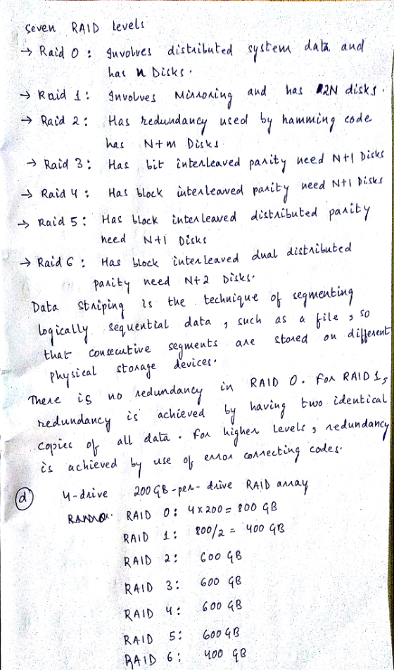 Seven RAID level -ל Raid 0: guvolve1 distailuted system dala and hai n dik Raid i. Snvolves McAADAin and AN disks Raid 2: Has