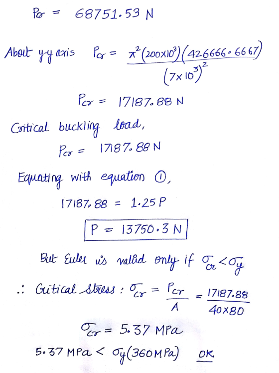 Po 68751.53 N 2 17187.88 N About yy axis per ** (2002) 4266666667) 17x103) Por Caitical buckling load, Por= Equating with equ