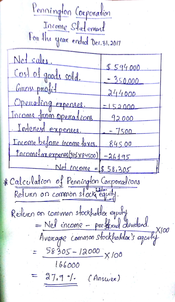 enninglon Corporation For the yean ended Der. bl.2o7 & Calculation o Penninglon Corponelions Reurn on common slock eq n on Co