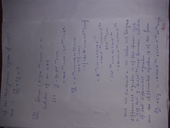ol of the that is OUS Homogenious system of + 5y = 0 To - 500 Cosa Given (2-2) e-sn cost is Solution of an O.DE . Let y = (x-