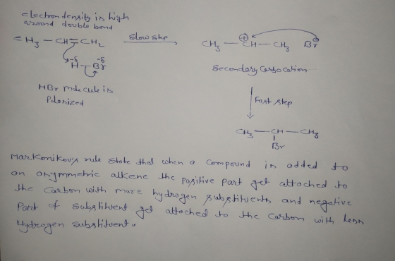 election density is high around double bond Slow step =H₃ -CH=CH2 Slow step Chh - Qucth B SHRI Secondary Carbocation HBr maec