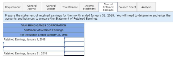Requirement General Journal General Ledger Trial Balance Income Statement Stmt of Retained Earnings Balance Sheet Analysis Pr
