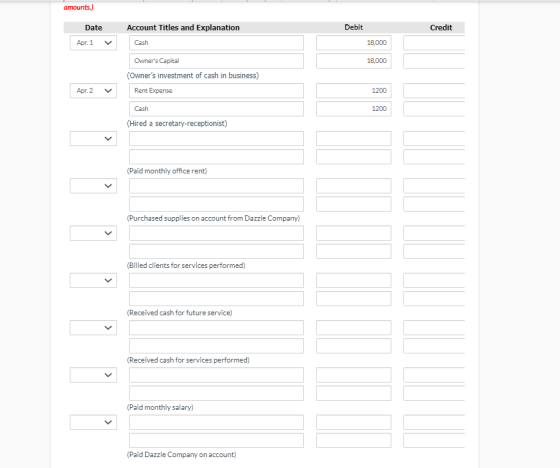 amounts.) Date Debit Credit Account Titles and Explanation Cash Apr. 1 18,000 18,000 Owners Capital (Owners investment of c