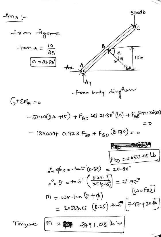 5ooob Ans; from figure tema a = 81.80 tim roin - free body diagren GTEMA =o -5000(22 +15) + Fgp cos 21800(10) + Fesina8082)