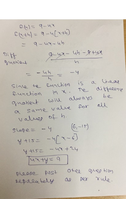 fluthl= 9-u[uth) 9-un-uh g-ux- g-yx-un-gtyx Diff quotian h lineal - uh - 4 h Since the function is function in n. The diffece