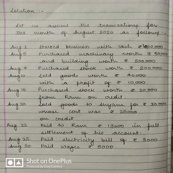 solution : - the Aug & assume . the transactions for month of August 2020 follows :- Aug 1 Started business with cash flop0,0