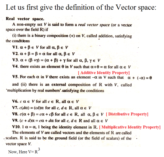 Let us first give the definition of the Vector space: Real vector space. A non-empty set V is said to form a real vector spac