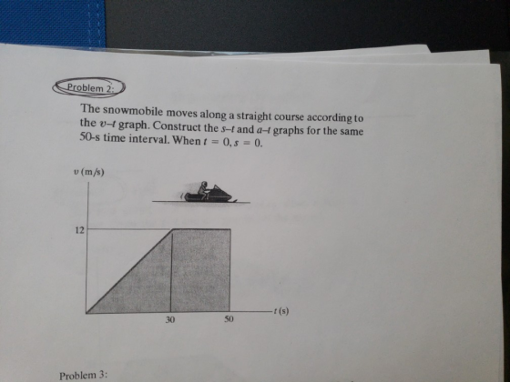 oblem 2: The snowmobile moves along a straight course according to the v-t graph. Construct the s-t and a-t graphs for the same 50-s time interval. When t0,s 0 v (m/s) 12 30 50 Problem 3: