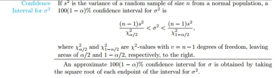 Confidence interval for σ2 If s2 is the variance of a random sample of size n from a normal population, a 100(1-a)% confidence interval for σ2 is (n-1)82 < σ2 < (n-1)s2 Xa/2 1-α /2 where χα/2 and X2-α/2 are χ2-values with u-n-1 degrees of freedom, leaving areas of a/2 and 1-a/2, respectively, to the right. An approximate 100(1-a)% confidence interval for σ is obtained by taking the square root of each endpoint of the interval for σ2.