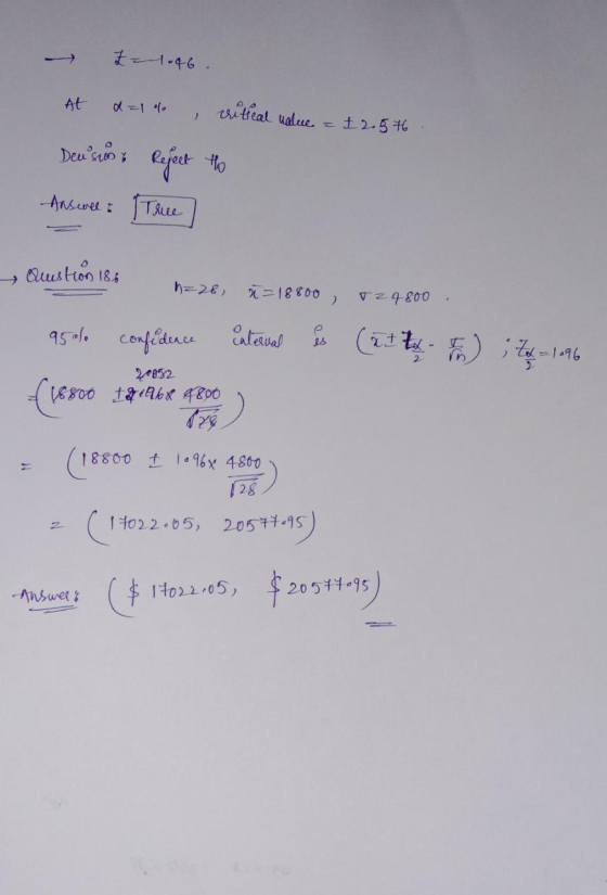 - L 1.46 At ritical value = ) £2.576 Dewsus Refect the Answelt True Question 186 h=28 0=18800 2 V24.800 95% confidence Exter