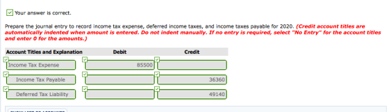 Your answer is correct. Prepare the journal entry to record income tax expense, deferred income taxes, and income taxes payab