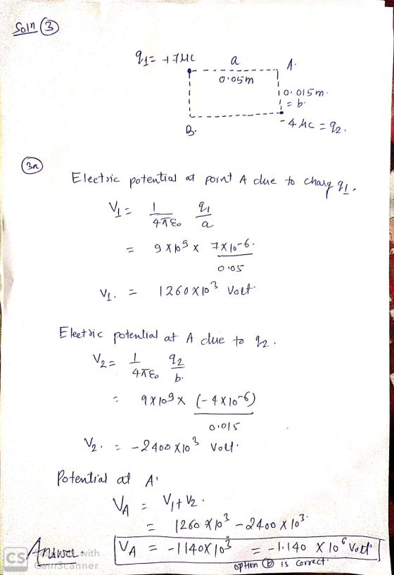 Soin 3 7 0.05 m - 4 Mc = = 92 chary q! Vs 0.05 1260 710-2400 91 = 474 a A: 9- 10.015 m. 1 = b. Bi Electric potential at poin