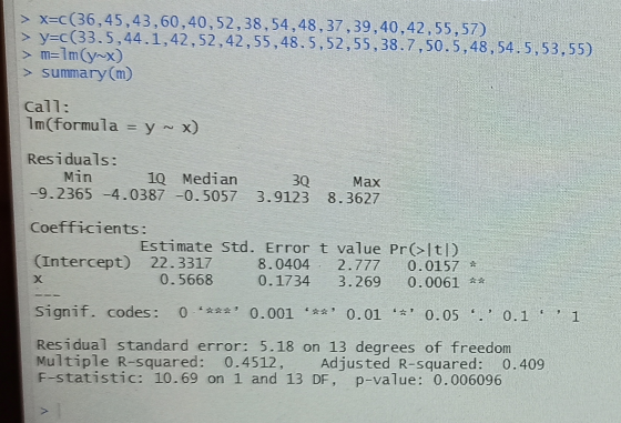 > x=c(36,45,43,60,40,52,38,54,48,37,39,40,42,55,57) > y=c(33.5,44.1,42,52,42,55,48.5,52,55,38.7,50.5,48,54.5,53,55) > m=lm(y^
