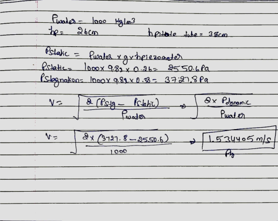 Pwater looo Kylm3 hp= 26cm pitate tube = 38cm Pstatic = Pirates xgxhipiezoneter Pstatic= 1000x 9.82 x 0 db= 2550.6pa Pstagnat
