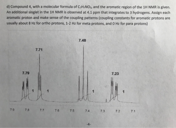 d) Compound 4, with a molecular formula of C,H,NO3, and the aromatic region of the 1H NMR is given. An additional singlet in