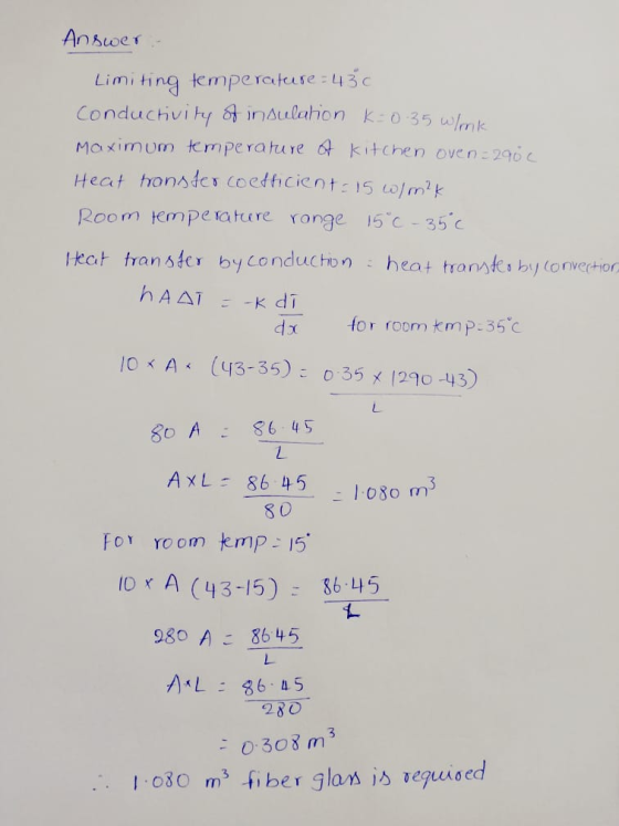 Answer : Limiting temperature: 430 Conductivity of insulation K = 0.35 wink Maximum temperature of kitchen oven=2900 Heat hon