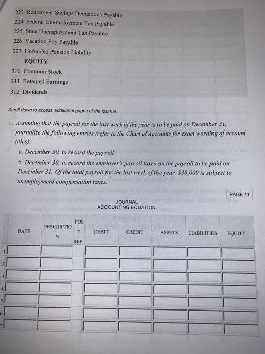 223 Retirement Savings Deductions Payable 224 Federal Unemployment Tax Payable 225 State Unemployment Tax Payable 226 Vacatio