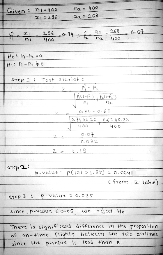 na: 400 Given : ni: 400 x1=296 22 = 268 X) 268 X2 296 400 0.74 2 0.67 ne 400 Ho: Pi-P2=0 Hi: P.-P2 € 0 step 1: Test Statistic