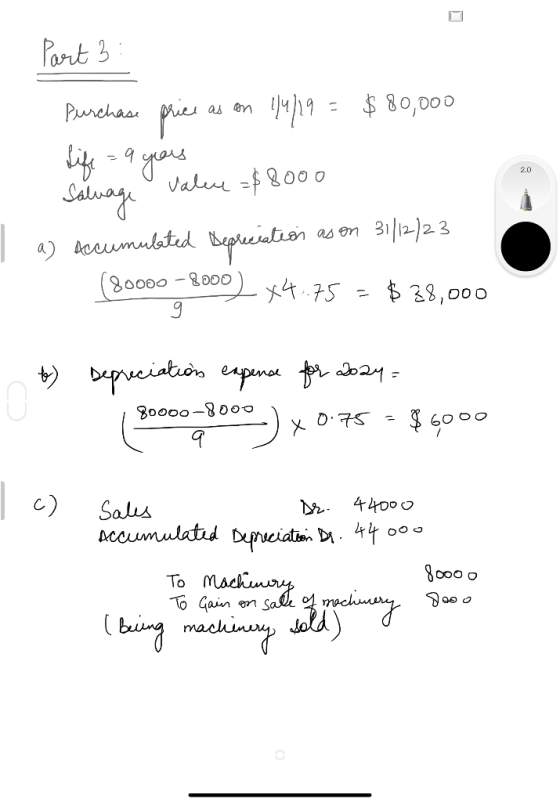 Part 3 : Purchase price as an 114/19 = $80,000 Life = a you value=$8000 I a) Accumulated Depreciation as on 31/12/23 (80000 -