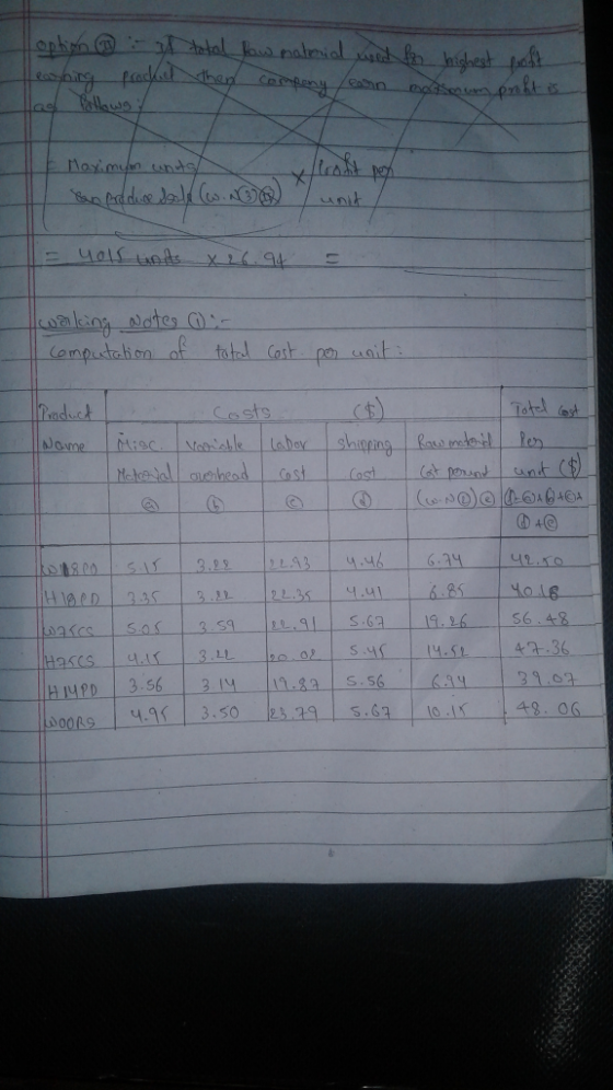 option @ in a frack total faw material with for highest poft then company can mother to prot is Hag Pollows / E Maximum unta