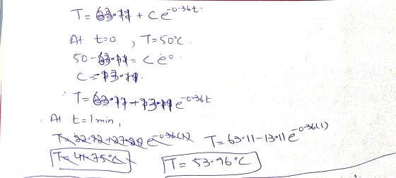 T-63.74 + cé 0.36€ At to , T=50c. 50-60 pceo. C=3-44 : T= 6 7 g +87-14 e 036t At t=lmin , AS292127588 6 66 T = 63-11-13:lle.