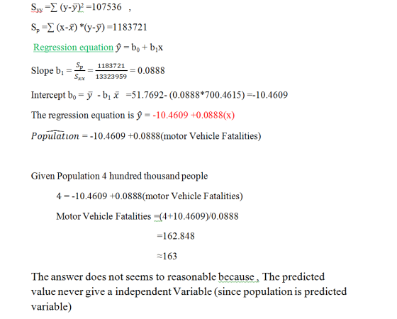 >: (yyy. :107536 s,- (x-x) *(y-y)-1183721 Regression equation bo bix Slove b. - Sp_1183721 Intercept b,-У-bix -51.7692-(0.088