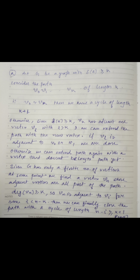 ou of length k. @ aut G be a graph with f(a) Ik. consider the path vore if neon van then we have a cycle of length Kindl 6 th
