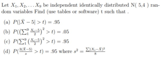 Let X1, X2, . . . X, be independent identically distributed N( 5,4 ) ran- dom variables Find (use tables or software) t such that (a) PGX-51 > t) = .95 (b) P(>t)-05 (c) Pd: (부)2 > t) = .95 (d) P(HES) > t) .95 where s-IA-X)2 9/X,-5,2 3(x-5)