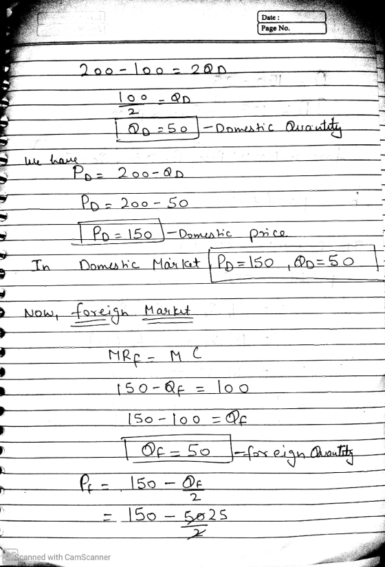 Date : Page No. 200-loos 200. loo QD 20:50 - Domestic Quantity Po= 20o-QD Po=200-50 Po=150 -Domestic price In Domestic Maslat