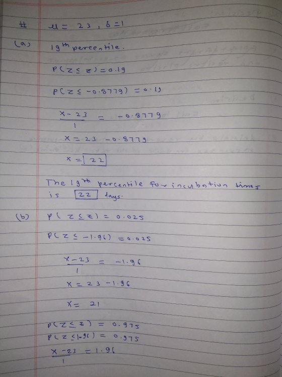 1= 23, 8 = 1 19th percentile. Plze z)= 0.19 PC zs -0.8779) = 0.19 X-23 = -0.8779. x = 23 -0.8779 x=122 Theigh percentile is [