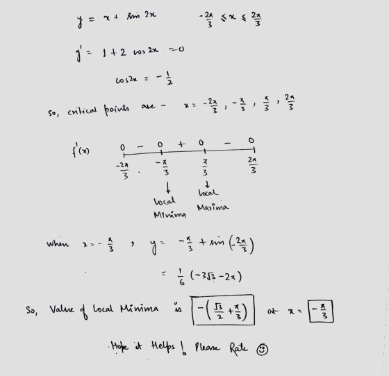 y = 94 Rom 22 = at sim 2x -19 5*5 2 y = 1+2 Los 2x20 cos2r = -1 so, critical points are - x = -27 - 27/3 2/2 29/12 0 f(o -
