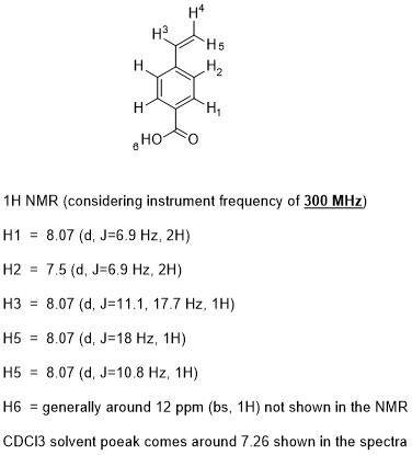 H4 HT III Hoo 1H NMR (considering instrument frequency of 300 MHz) H1 = 8.07 (d, J=6.9 Hz, 2H) H2 = 7.5 (d, J=6.9 Hz, 2H) H3