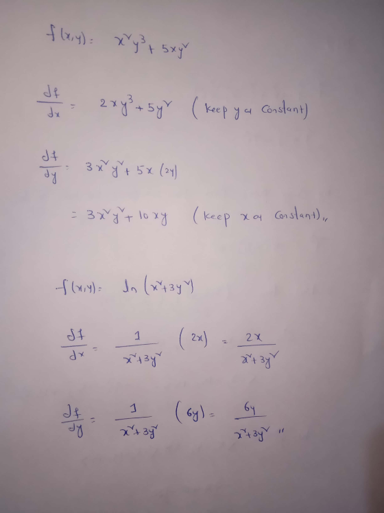 flery)= xx y² + 5xy df 2xy + 5yr ( keep ya Constant) ta dit dy 3 x y + 5* (24) 3 xy + loxy (keep xor Constant), f(ny)= k het,