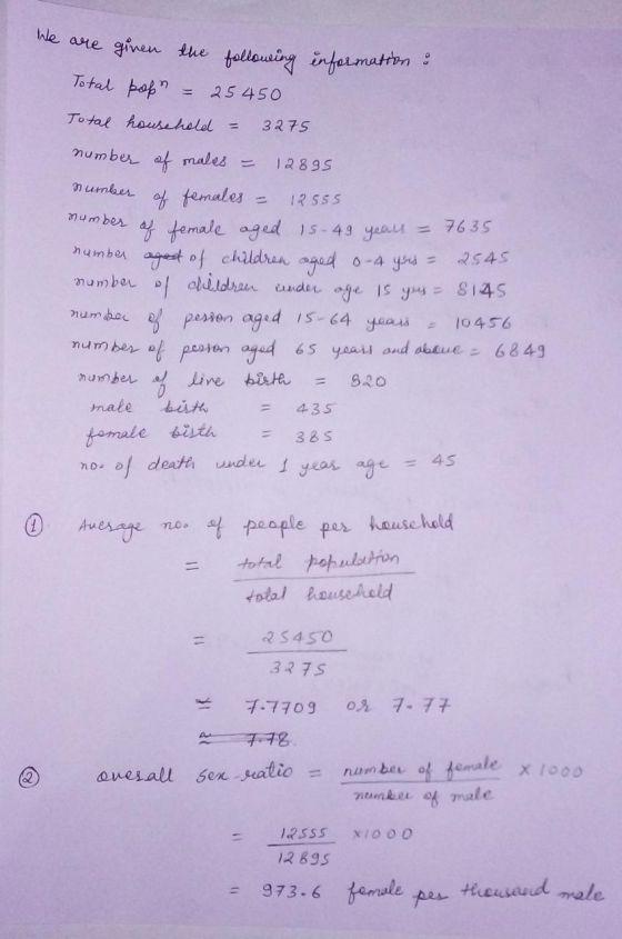We are ginen the following infoimation : Total pop 25 450 To tal household = 3275 number of males = 12895 n umber of females