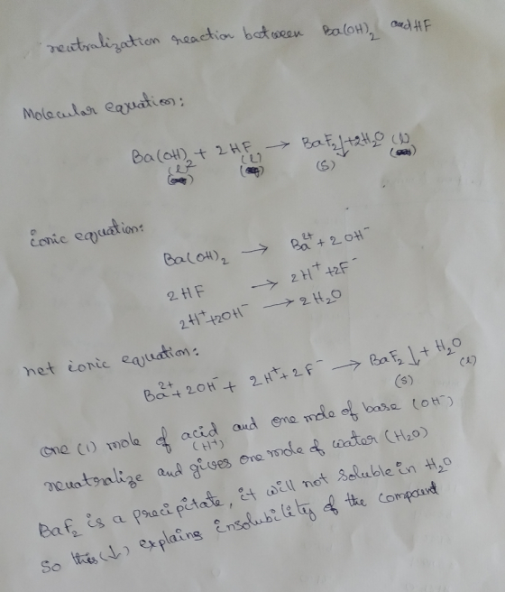 neutralization reaction between BaoH), and HF Molecular equation: Bat+2H20 W Ba(OH) + 2HF, 1 (2 comic equation: Co2 (5) BalO)