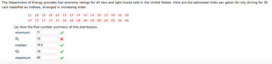 The Department of Energy provides fuel economy ratings for all cars and light trucks sold in the United States. Here are the estimated miles per gallon for city driving for 30 cars classified as midsize, arranged in increasing order. 11 12 12 12 13 13 13 14 14 14 15 15 16 16 16 17 17 17 17 17 18 18 18 18 19 20 24 25 36 46 (a) Give the five-number summary of this distribution. minimum 11 21 median 16.5 23 maximum 46 15 i6ade 18