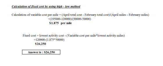 Calculation of fixed cost by using high - low method Calculation of variable cost per mile =(April total cost - February tota