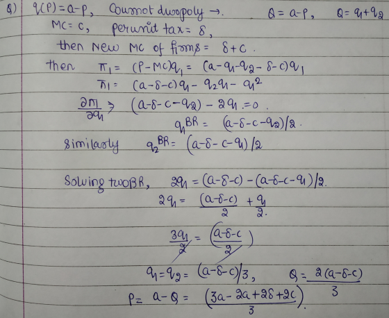 q (P) = a-P, Coumot dwopoly . Q = a-P, Q = 9+92 MC= 0, perunit tax=8, then New MC of firms = 8+c. then = (P-Mc)q, = (a-q4-92-