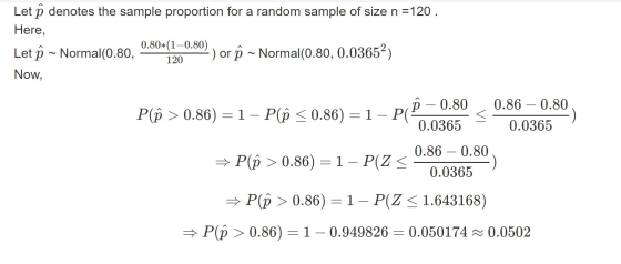 Let ô denotes the sample proportion for a random sample of size n =120. Here, 0.80*(1–0.80) Let p - Normal (0.80, -) or ~ Nor
