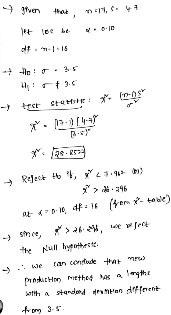 given that m=17, S: 4.7 ) let los be df = n-1=16 3.5 t Hoo Ho # 3.5 m-ns test Statistic: gita x= [17-1) [4.75 3:5) * 28.8522