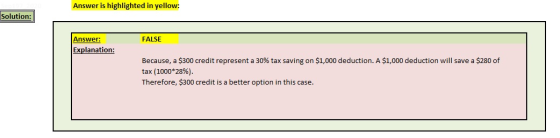 Answer is highlighted in yellow: Solution: FALSE Answer: Explanation: Because, a $300 credit represent a 30% tax saving on $1