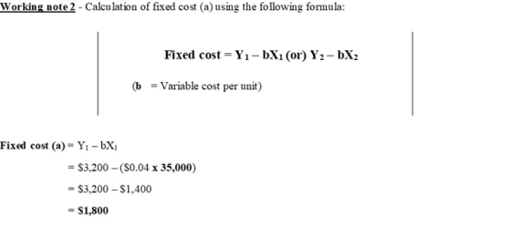 Working note 2 - Calculation of fixed cost (a) using the following formula: Fixed cost = Yı-bX: (or) Y2 - bX2 (b = Variable c