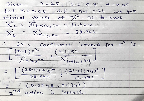 n-1 X=212, ni 95 Given - n =25 S 0.3 2 -0.05 for x=0.05 daf 2.24 we get critical Values of x² as follows. x² = 2²1-412, 0-1