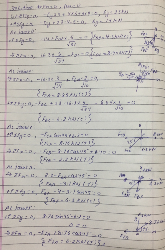 solution Fn-o, ono Steno-o, - Ey x3 + 4X6 + 5 x 9-0, ty= 23 kN. tasty- o - Dy + 23-4-5-0, Dy - 14 KN At saint : 47 Eby-o, -14