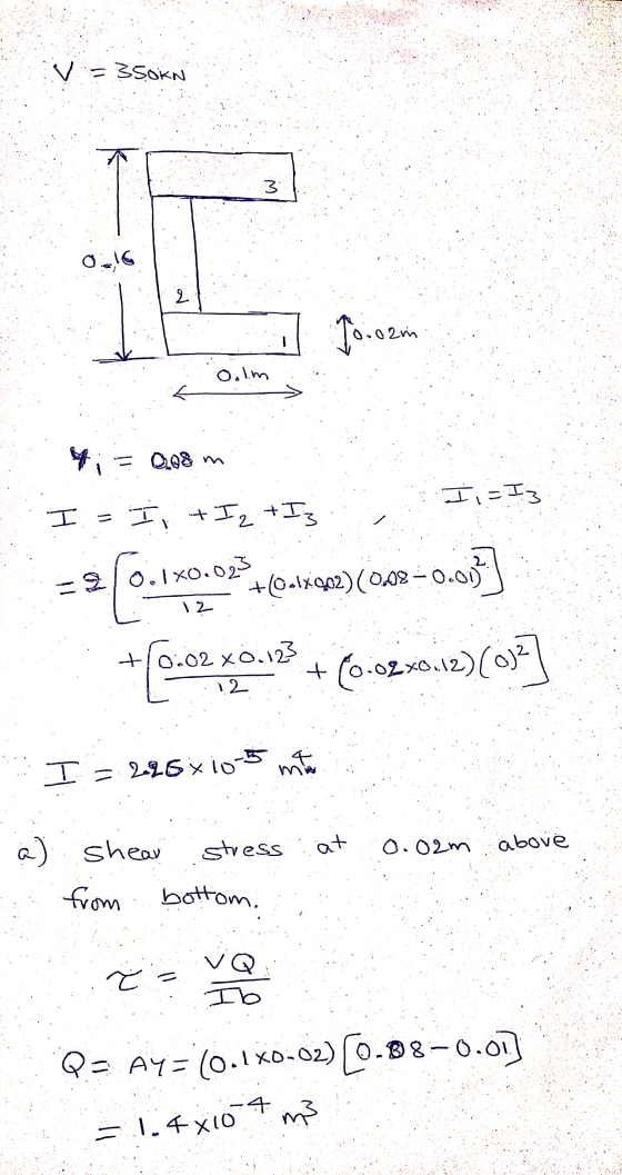 V = 350KN 3 016 2 To.o2min Oolm = 0.08 m II-Iz I = I + I2 + I3 ro 0.1X0.023 +(@\x202)(0.02 -0.0,- 12 +0.02.co. + (e-oto-12)(-