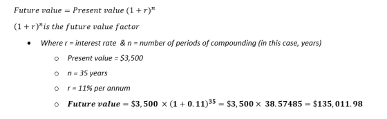 Future value = Present value (1 + r) (1+r)is the future value factor . Where r = interest rate & n = number of periods of c