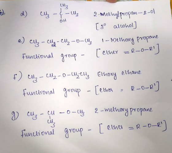 7 a) Cltz- & - U13 2-Methylpropan-2-01 [ 3° alcohol e) alty - Oly-ely -6 1 - Methoxy propane Funcional group - [ether = R-O-R