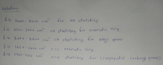 solution: S~ 3400-3200 cm for oh stretching da 3100-3000 con ch stretching for aromatic ring S~ 3000 - 2900 con ch stretching